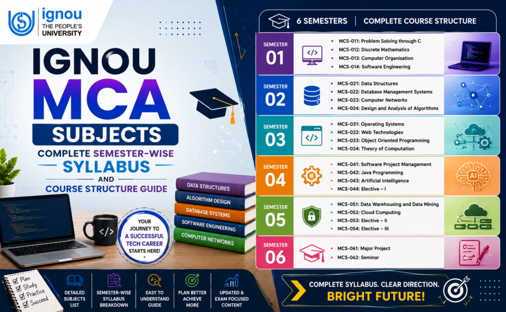 The IGNOU MCA course is structured into semesters and includes core theory subjects, practical lab components, and a final project. Students should verify the exact structure from the official IGNOU prospectus.
